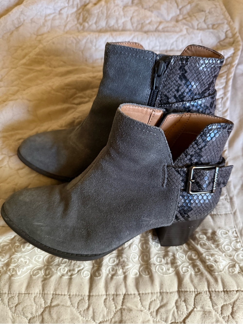 Vionic Gray Suede Ankle Boots with Snake-Print Heel